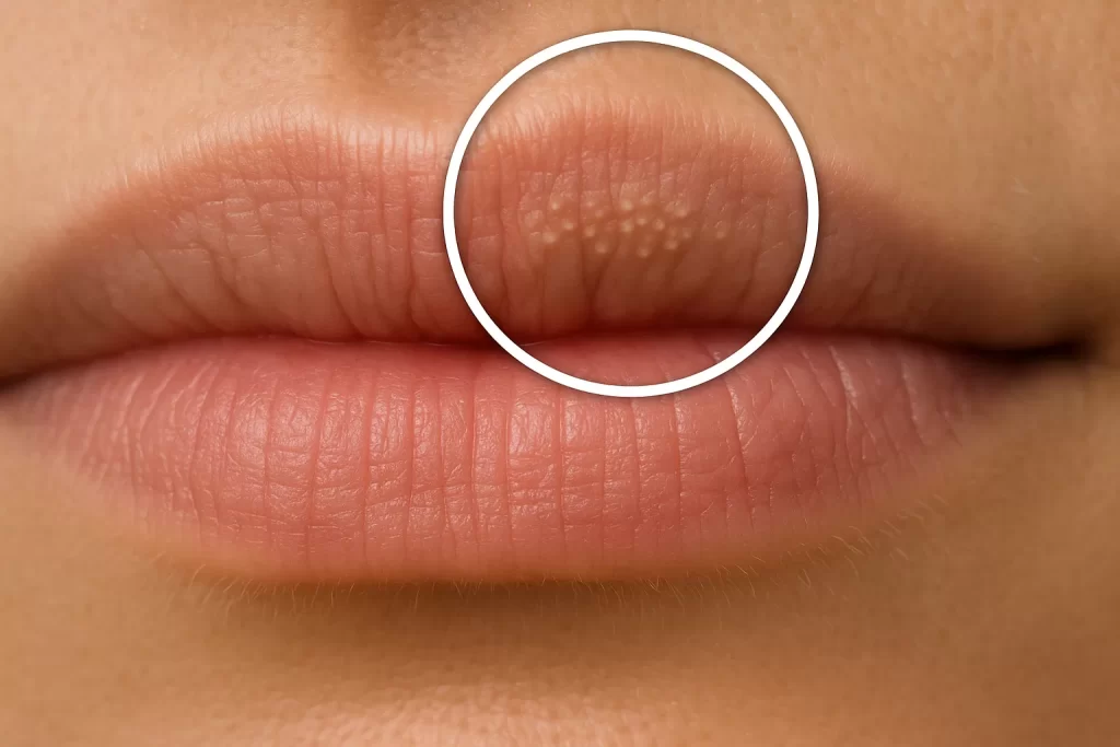 Puncte Fordyce pe buze după Injectarea cu Acid Hialuronic